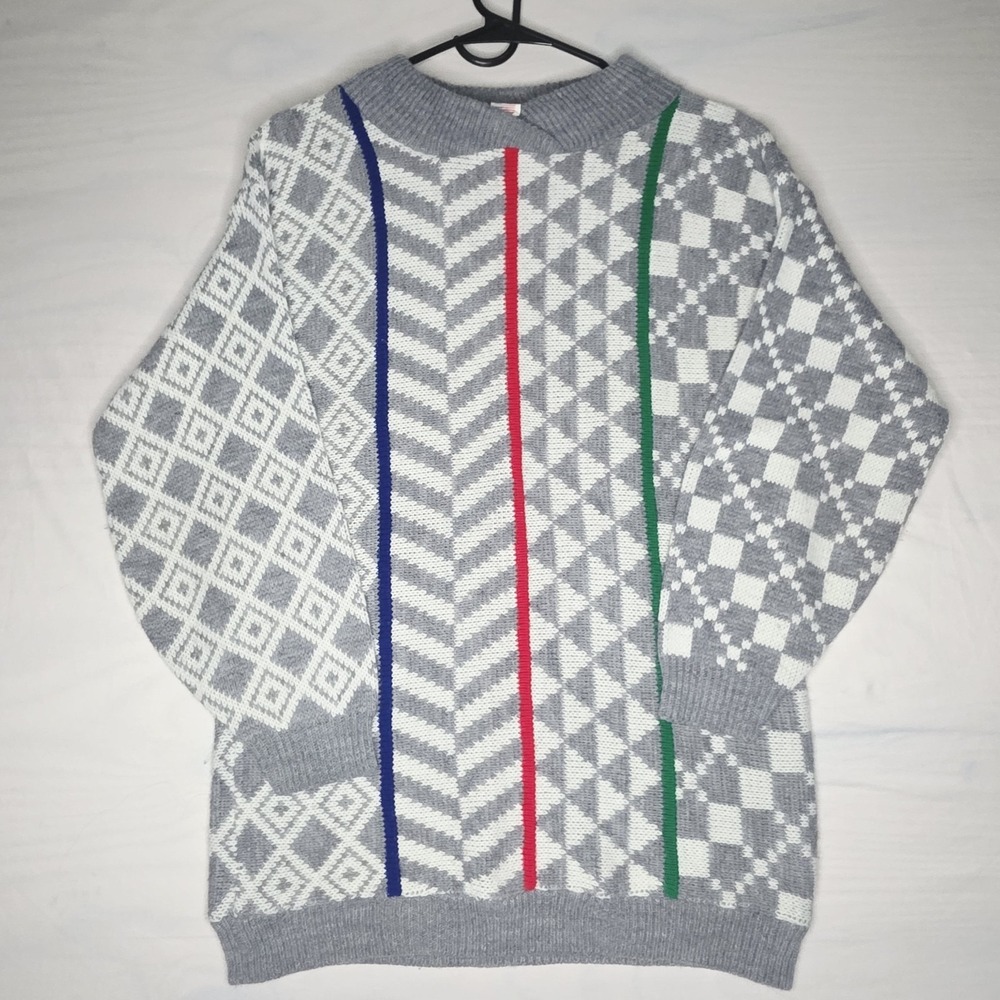 Vintage 1980's Nicolette New York Knit Geometric Sweater Grey/white MED